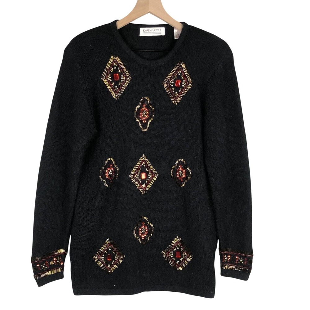 VTG KAREN‎ SCOTT Silk Angora Lambswool Beaded Sweater Women's Sz M Black Retro